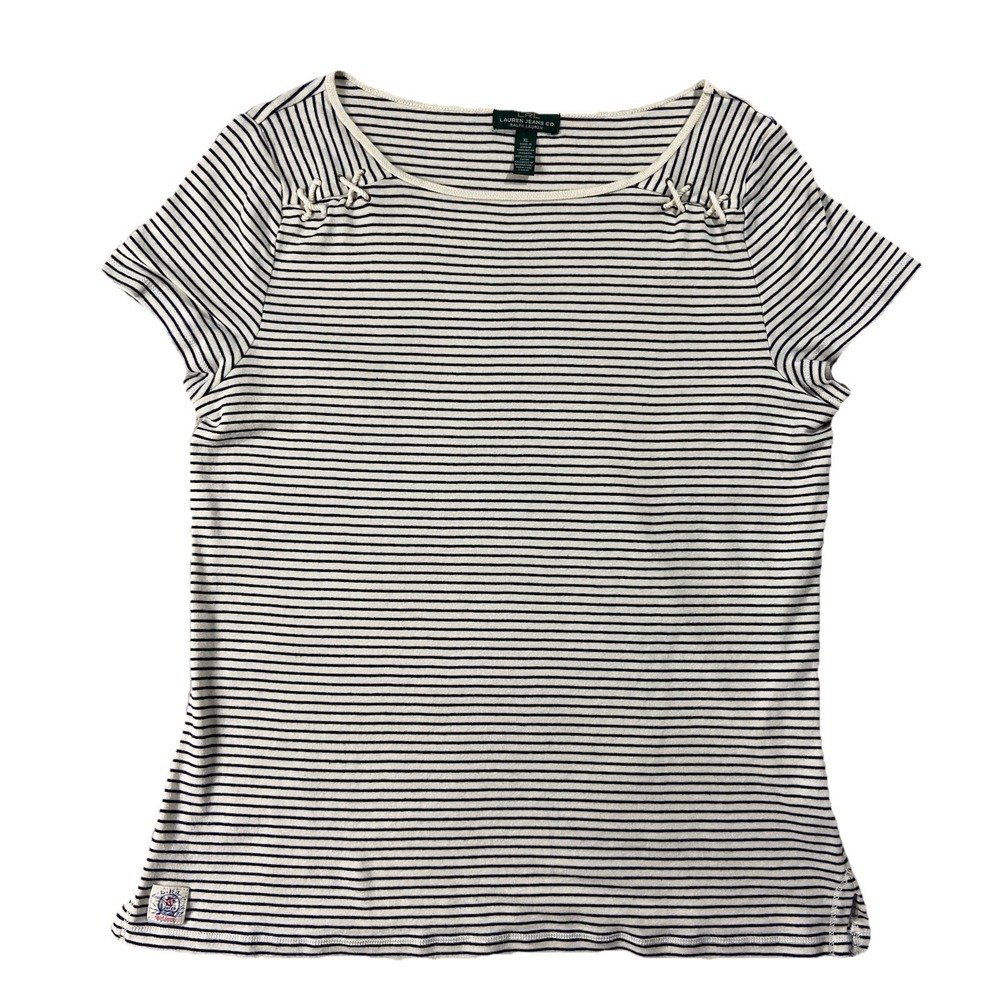 Lauren Ralph Lauren Short Sleeve Nautical Striped Tee Navy White Sz XL Coastal